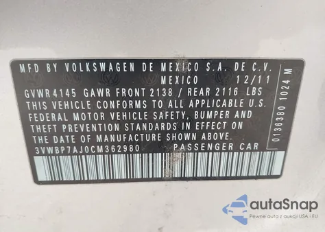 2012 Volkswagen Jetta 2.5L Se из США, поврежденный, VIN 3VWBP7AJ0CM362980